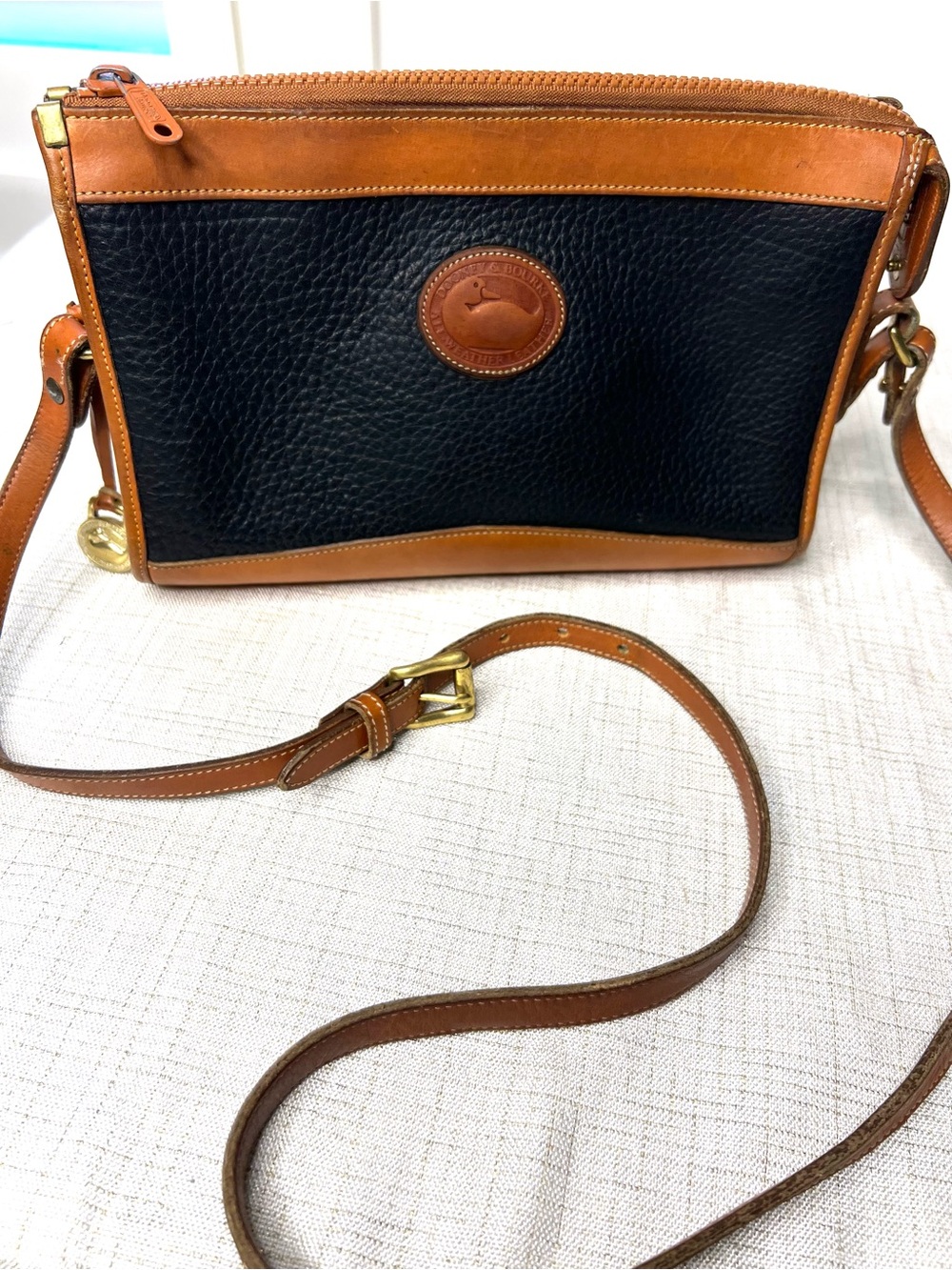 Dooney & Bourke Vintage 1970’s Black Pebbled Leather Crossbody  Brown Trim